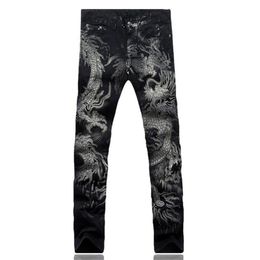 Men's Jeans Men Pants Slim Fit Fashion Dragon Print Male Colored Drawing Painted Denim Elastic Black Cargo156F