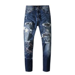 Mens jeans star design paste cloth frosted hole dark blue trend2533