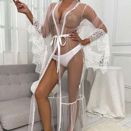 Women's Sleepwear Lace Mesh Transparent Robes Sexy Deep-V Erotica Underwear Perspective Temptation Female Pajamas Long Nightgown