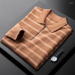 Men's Sweaters Luxury High-end Khaki Plaid Stripe Sweater Zipper Lapel Long Sleeved Warm Casual Knitted T-shirt In Autumn And Winter