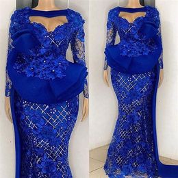 Plus Size Arabic Aso Ebi Mermaid Luxurious Prom Dresses Lace Long Sleeves royal blue Evening Formal Party Second Reception Gowns D335o