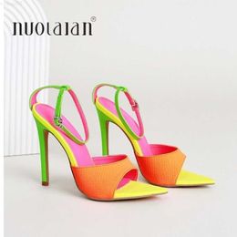 Sandals 2023 Sexy Pointed Toe High Heels Sandals Summer Fashion Mixed Color Buckle Strap Women Party Stripper Shoes L230720