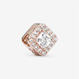 New Arrival 925 Sterling Silver Rose Gold Square Sparkle Halo Charm Fit Original European Charm Bracelet Fashion Jewellery Accessori287S