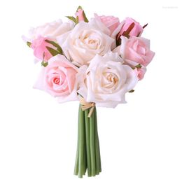 Decorative Flowers Tea Rose Bouquet (10PCS/Bunch) 21CM Home Decoration Latex Coating Petal Wedding Artificial Flower Event Party Display -