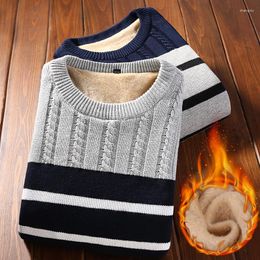 Men's Sweaters Winter Thick Men Sweater 2023 Korean Style Male Needle Stripe O-neck Slim Plus Velvet Pullover Sweatercoat Teenage Boy M25
