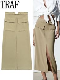 Skirts TRAF Cargo Skirt Woman Pockets Long Skirts For Women Fashion High Waist Slit Midi Skirt Y2k Streetwear Women's Skirts 230719