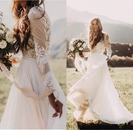 2023 Bohemian Country Wedding Dresses With Sheer Long Sleeves Bateau Neck A Line Lace Applique Chiffon Boho Bridal Gowns Cheap