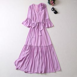 Casual Dresses European And American Women's Dress 2023 Summer Style Seven-point Sleeve Trumpet V-neck Disc Flower Pleated