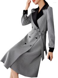 Women's Suits High Quality Long Women Blazer Ladies Jacket Black Plaid Female Casual Coat With Belt For Autumn Winter