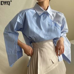 Women's Blouses Shirts Spring autumn Women Casual Blouse Asymmetrical Single Breasted Turn-down Collar Long-sleeved Panelled Striped Shirt 230719