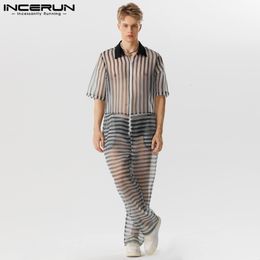 Men s Pants INCERUN 2023 American Style Men Jumpsuits Sexy Fashion Stripe See through Mesh Rompers Casual Loose Short Sleeved Bodysuit S 5XL 230719