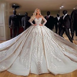 Sheer V-Neck Wedding Dresses Couture Long Sleeves Middle East Ball Gown Wedding Dresses Robe De Mariee Dubai Kaftans Vestido De No329q