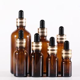 NEW Coming Amber Glass Refillable Bottles Empty Pipette Essential Oil Containers Thick Dropper Bottles with New Gold Lids Kmumi