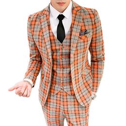 Men Three Piece Suit Set Jacket Pants Vest Male Orange Slim Fit British Style High End Plus Size Plaid Blazer Coat Trousers Men&264Q