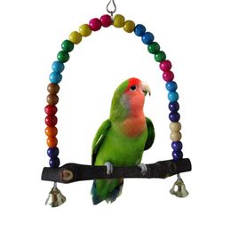 Natural Wooden Parrots Swing Toy Birds Colourful Beads Bird Supplies Bells Toys Perch Hanging Swings Cage For Pets194g