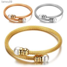 ZORCVENS Fashion Simulated Pearl Jewellery Women Cable Bangles Gold Colour 316l Stainless Steel Bracelets Bangles L230704