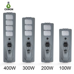 100W 200W 300W 400W Solar Street Light LED Parking Lot Lights MPPT Solar Charging Radar Sensor with Remote 12000LM Waterproof IP65 Commercial Area Flood Lighting