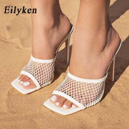 Sandals Eilyken New Sexy Square Head Peep Toe High Heel Mesh Slippers Summer Fashion Slip On Slides Women Mules Party Shoes L230720