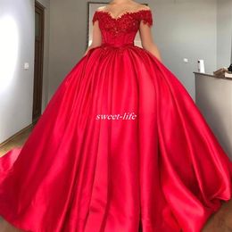 Modest Off Shoulder Red Ball Gown Quinceanera Dresses Appliques Beaded Satin Corset Lace Up Prom Dresses Sweet Maxi Dresses 2019199Y