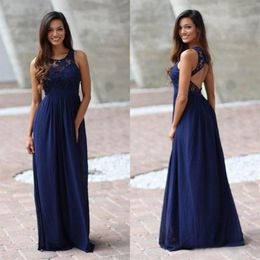 Navy Blue Country Style Bridesmaid Dresses Long 2018 Lace Top Chiffon Skirt Floor Length Maid Of Honour Dress Custom Made EN2078281v