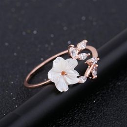 Delicate Zircon Crystal Leaf Shell Flower stones Ring for Women Ladies Girls Rose Gold Colour Finger Bague310a