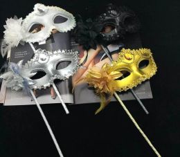 Masquerade Masks Hand Made Halloween Party Venetian Sequins Mask Halfface Mask With Side Flower Stick Hand held Mask2027606 LL