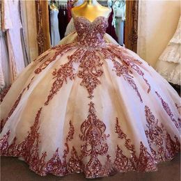 Rose Gold Sweetheart Quinceanera Dresses Lace Appliqued Sequined Ball Gown Prom Dress Sweet 16 Vestidos 15 Anos2833