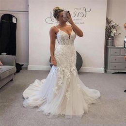 Sexy Spaghetti Straps Open Backless Wedding Dresses Appliques Lace Tulle Beading Bridal Gowns Mermaid 2021 Customise Plus Size204b