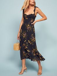 Basic Casual Dresses Dresses For Women Elegant Vintage Floral Dress Frill Sweetheart Neck Sleeveless Strap Tie Ruffle Hem Summer Beach Dress 230719