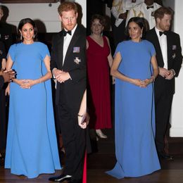 Meghan Markle Blue Mermaid Evening Dresses with Cape Jewel Neck Short Sleeve Satin Formal Dress Sweep Train Celebrity Gowns191Q