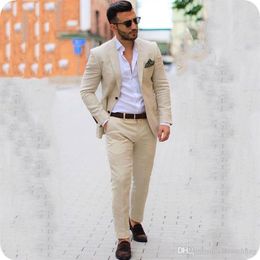 Latest Coat Pant Designs Beige Linen Casual Men Suits Groom Wedding Tuxedo 2Piece Costume Homme Mariage Slim Fit Terno Masculino M2392