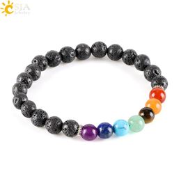 CSJA 8mm Women Men Natural Black Lava Rock Beads 7 Chakra Bracelets Healing Energy Stone Meditation Gem Stone Mala Bracelet E278248Q