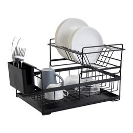 Dish Drying Rack with Drainboard Drainer Kitchen Light Duty Countertop Utensil Organiser Storage for Home Black White 2-Tier 21090204W