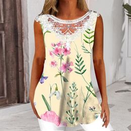 Women's Blouses Floral Print Women Sleeveless Top Soft Elastic T-shirt Flower Lace Splicing Blouse For Summer