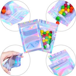 Resealable Mylar Bags Holographic Colour Multiple Size Smell Proof Bags Clear Zip Food Candy Storage Packing Bags262J