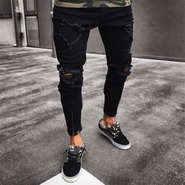 Jeans neri cool da uomo Pantaloni hop-hop slim fit elasticizzati strappati strappati skinny con fori per uomo262y