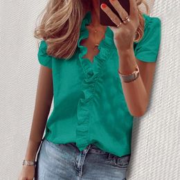 Women's T Shirts Top Casual Shirt Solid Summer Short Sleeve Dressy Ruffle V Neck Print Blouse Blouses Et Chemises