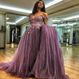 Plus Size Off The Shoulder Prom Dresses A-line Tulle Islamic Dubai Saudi Arabic Long Formal Party Dress Purple Evening Gowns L74209s