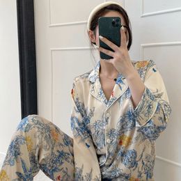 Women's Sleepwear Ice Silk Pajamas Women's Summer Long-sleeved Trousers Two-piece Printed Light Luxury Pajamas Women's High-end Home Service Suit 230719