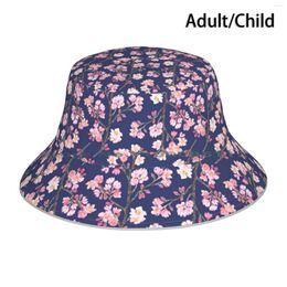 Berets Cherry Blossom Pattern ( Navy ) Bucket Hat Sun Cap Blossoms Spring Pink Delicate Flowers Branches Flowering Tree Floral