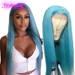 Peruvian Human Hair 13X4 Lace Front Wig Straight Light Blue Yellow Red 150% Density Silky Straight 12-30inch 13 By 4 Wigs Grey175t