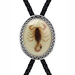 Bolo Ties Naturel stone Scorpion bolo tie for man Indian cowboy western cowgirl leather rope zinc alloy necktie HKD230719