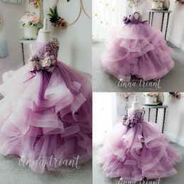 Lace Purple Flower Girl Dresses For Wedding Tiered Skirts Tulle Appliqued Ball Gown Little Girls Pageant Dress Beading First Commu290j