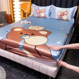Mattress Pad Cartoon Double Bed Linen Summer Viscose Fibre Mat Mattress Cover Fitted Sheet Bedspread on the Bed with Elastic Strap King Size 230719
