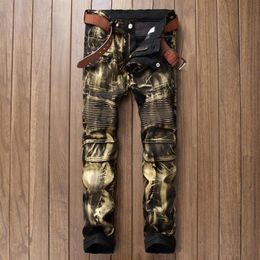 Mens Biker Jean Trousers Hi-Street Slim Fit Painted Denim Joggers Male Straight Pleated Moto Jeans Pants254Z