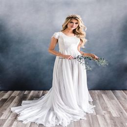 2020 New A-line Lace Chiffon Boho Modest Wedding Dresses With Cap Sleeves Lace-Up Back Women Country Western Modest Bridal Gown263F