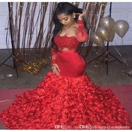 Aso Ebi Style Red Prom Dresses Two Piece 3D Rose Flowers for Women Party Wear Backless Dubai Long Sleeve Formal Evening Gowns Cust297O