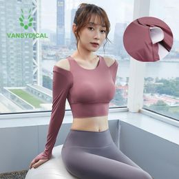 Active Shirts Women Open Shoulder Sports Gym Yoga Crop Top Slim Long Sleeve Stretchy Running Fitness Workout Sportswear With Chest Pad