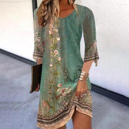 Casual Dresses Lady Dress Vintage Floral Print A-line Patchwork Feminine Three Quarter Sleeves Soft V Neck Above Knee Length For Any