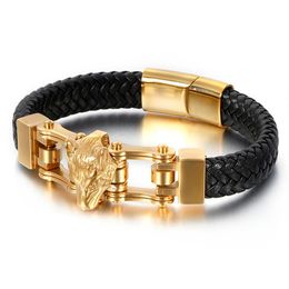 12mm Wide Gold Tone 316L Stainless Steel Wolf Head Bracelet Bangle Gift Black Lenther Wristed Bracelet Gift 8 26 279W